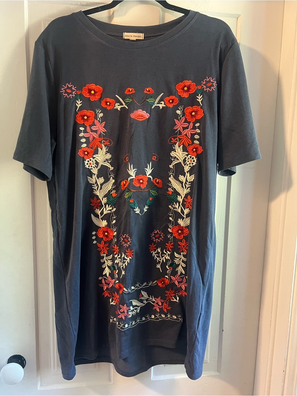 Stevie Hender  Short Sleeve tunic/dress/Tee with Red Floral Embroidery